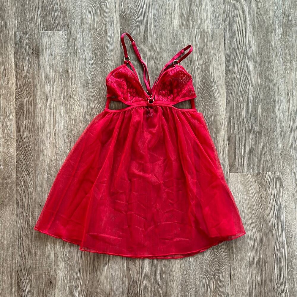 Victoria's Secret Lace & Mesh Babydoll‎ Red XS Cutout Gold Accents